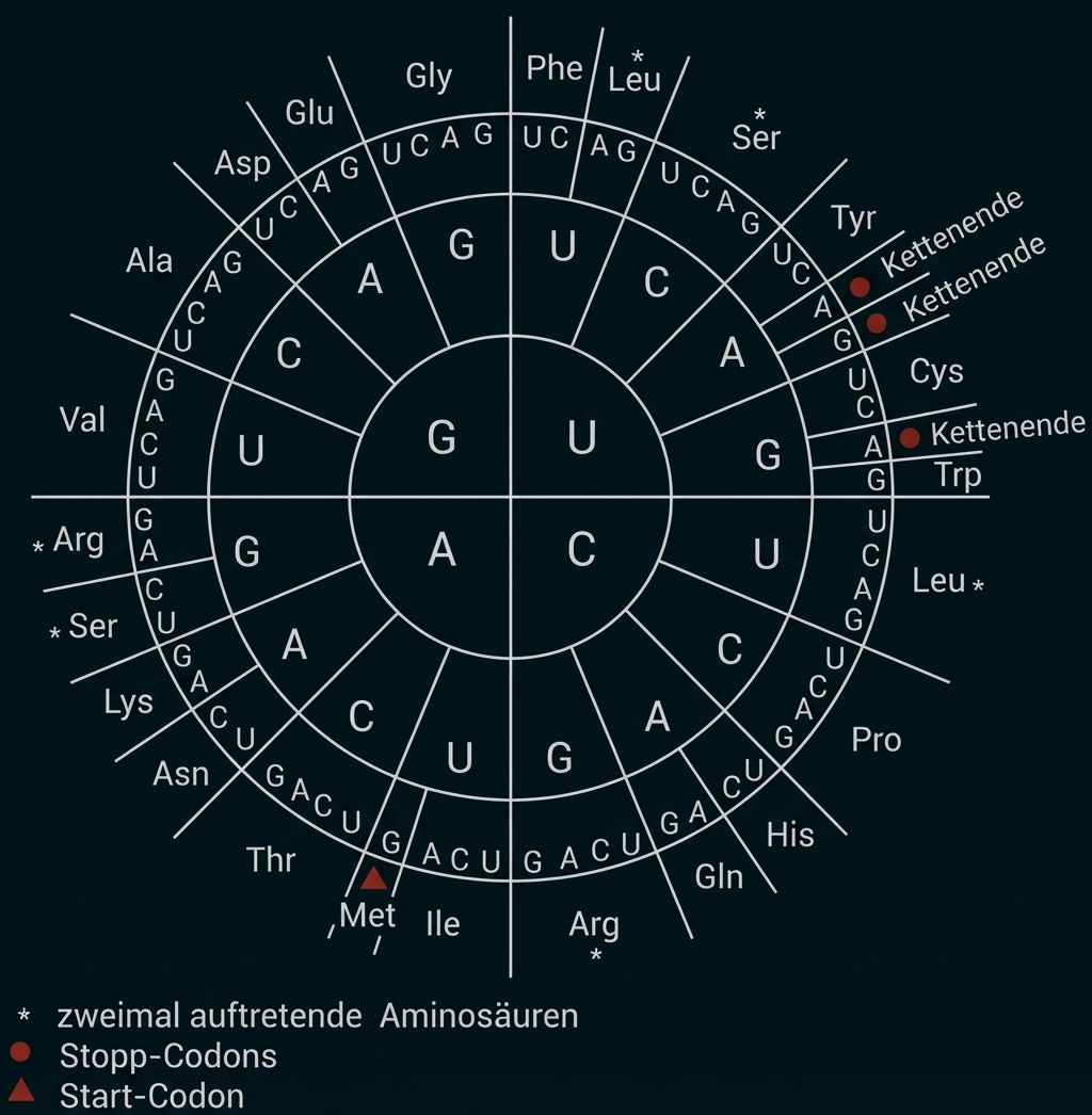 Kodon-Rad des genetischen Codes: mRNA-Codons zu Aminosäuren, markierte Start- (Met) und Stopp-Codons.